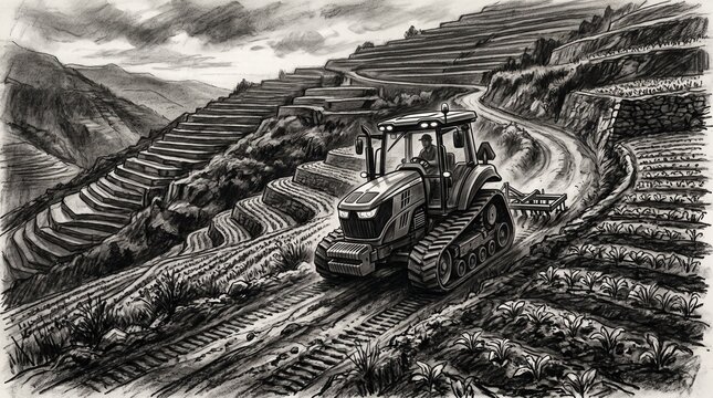 Tractor sketch of a heavy crawler machine on terraced hills