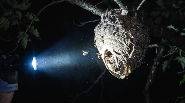 Hornet nest illuminated by a flashlight beam in the dark night