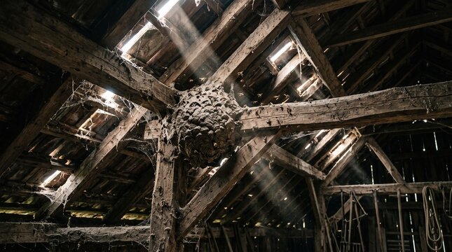 Hornet nest on old wooden beam in dark attic with light rays