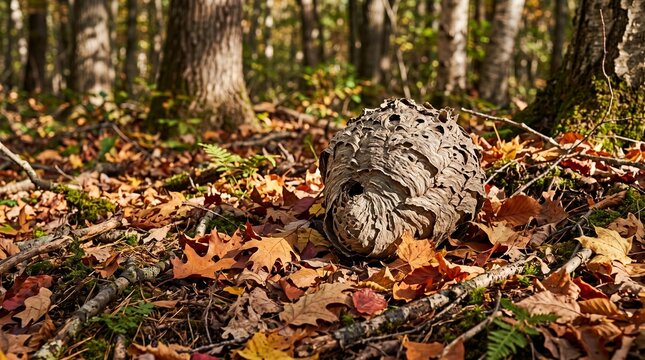 Hornet nest lying on the forest floor among autumn leaves