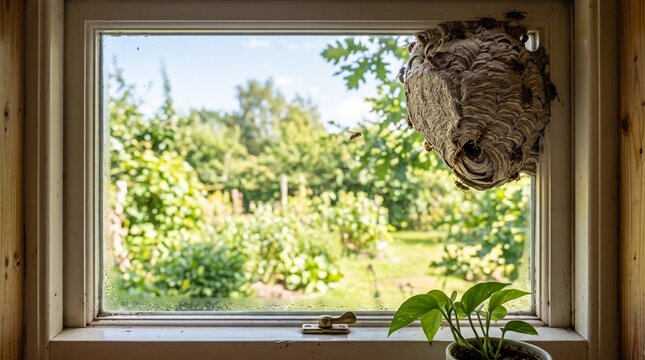Hornet nest attached to a wooden window frame with garden view