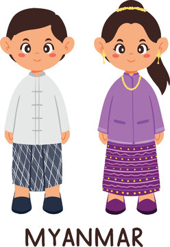 Cute Myanmar boy and girl wearing traditional Longyi outfit flat vector illustration