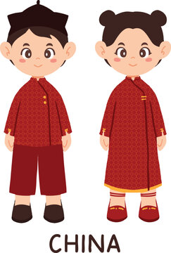 Cute Chinese boy and girl wearing traditional Hanfu and Changshan flat vector illustration