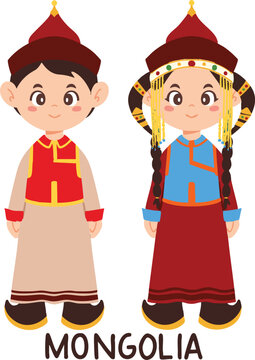 Cute Mongolian boy and girl wearing traditional Deel outfit flat vector illustration