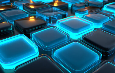 Fototapeta premium Electric blue cobalt glowing square pattern background, 3D render