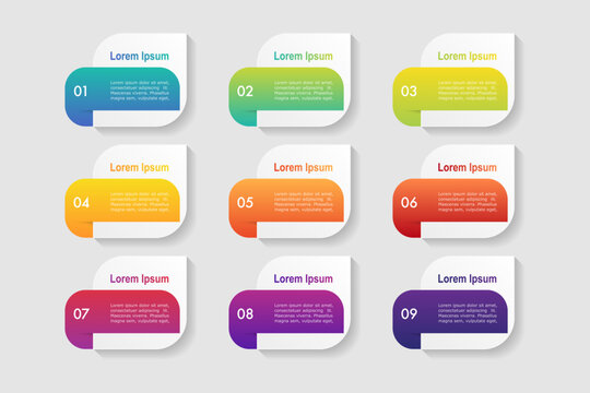 infographic elements template, business concept with 9 steps, rectangle shapes design with multi gradient color label for workflow layout, diagram, annual report, vector
