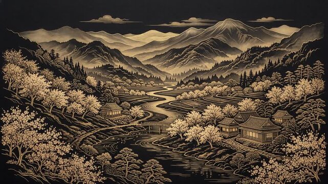 流れるように描かれる川が流れる金色の山岳渓谷の横長金墨動画