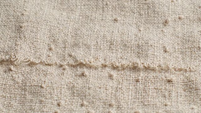 Macro shot of rustic beige linen fabric texture with raw frayed horizontal seam