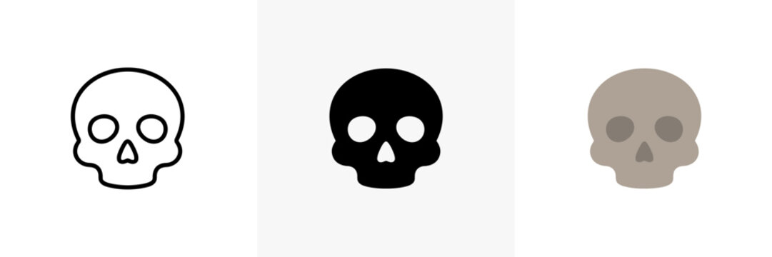 Skull icon set featuring outline, solid black, and flat design variations for graphic projects.