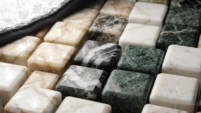 Macro shot of polished square marble tiles in green black and beige stone varieties