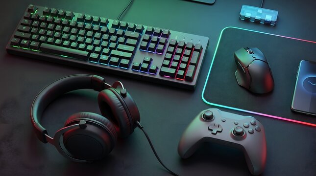 Gaming setup with RGB keyboard, mouse, headphones, and controller