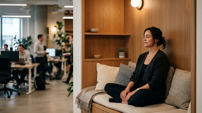 Woman practicing mindfulness meditation in a quiet wooden nook within a modern open plan office space for stress relief