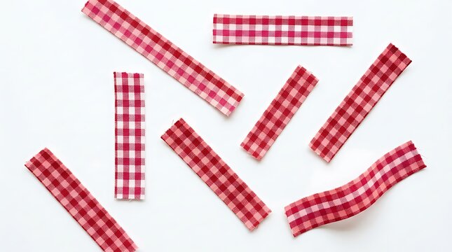 Red and White Gingham Checkered Fabric Strips Scattered on a Clean White Background for Sewing and Crafting