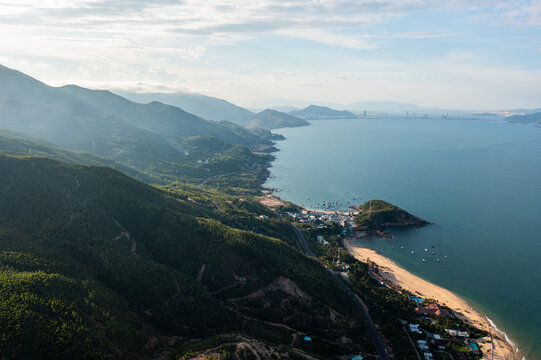 Aerial view of Quy Nhon coast with mountains and beaches, Vietnam.  Drone Photo