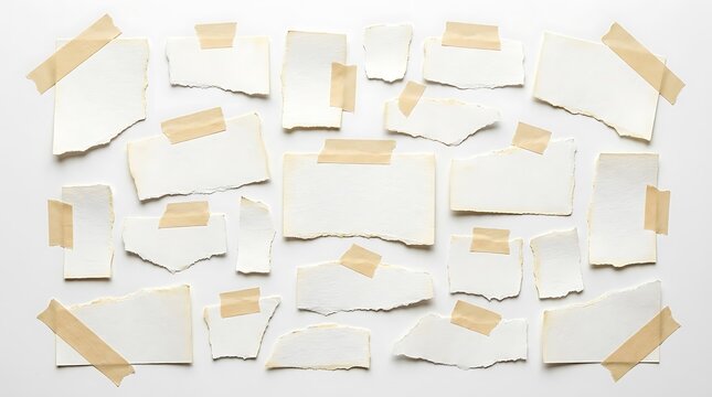 Set of Blank White Torn Paper Pieces With Adhesive Tape Strips Arranged on a Neutral Backdrop for Collage Creative Projects