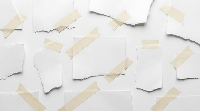 Versatile background with blank, irregularly torn white paper pieces affixed by beige masking tape on a clean white surface, ideal for creative mockups and design projects