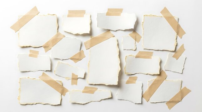 Collection of blank torn paper fragments arranged on a white background with adhesive tape strips for notes and reminders