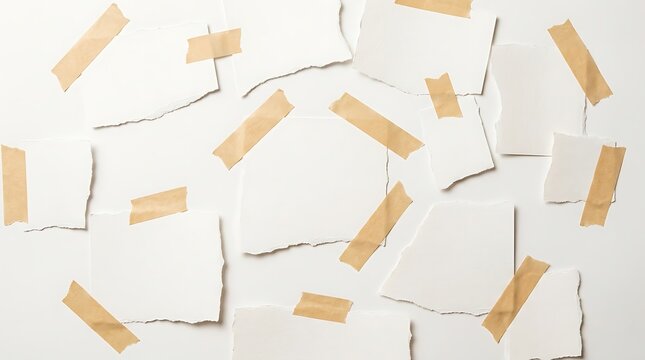 Torn white paper scraps with tan masking tape on neutral background. Blank stationery fragments for collage and design layouts