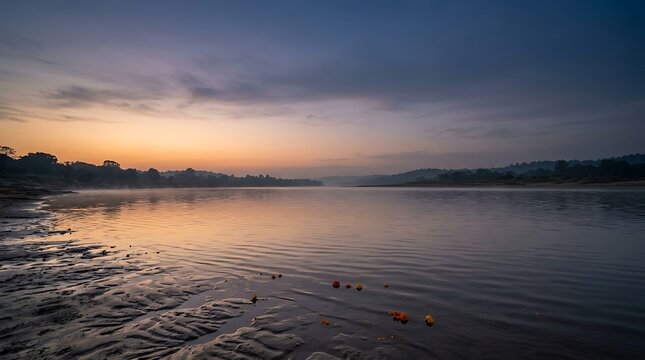 Serene Landscape of a Calm River at Dawn with Colorful Horizon Sky