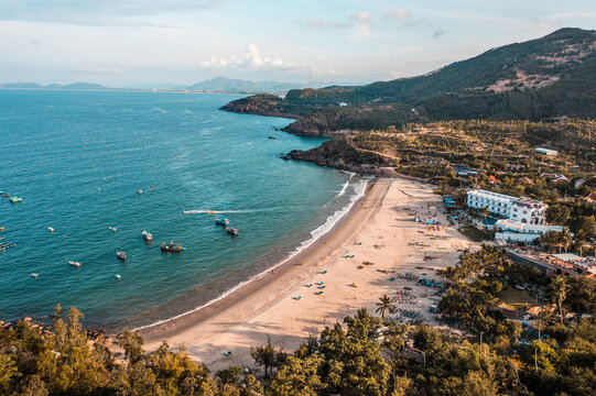 Aerial view of Quy Nhon coast with mountains and beaches, Vietnam.  Drone Photo