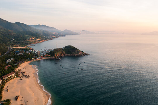 Aerial view of Quy Nhon coast with mountains and beaches, Vietnam.  Drone Photo