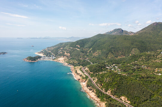 Aerial view of Quy Nhon coast with mountains and beaches, Vietnam.  Drone Photo