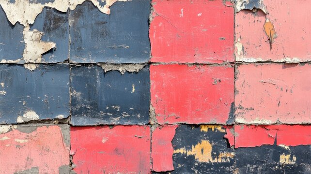 Close-up of weathered painted wall with peeling red and blue paint revealing underlying surface, textured and aged for urban or industrial design themes