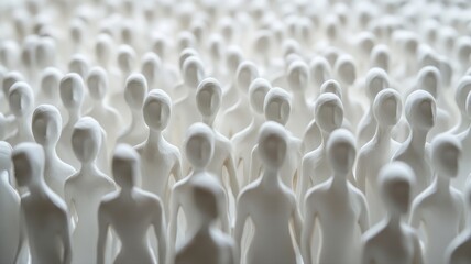 Fototapeta premium Abstract scene of numerous white blank human mannequin figures in a minimalistic studio setting, symbolizing diversity, anonymity, and collective identity