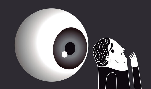man with paranoia being followed by a giant eye