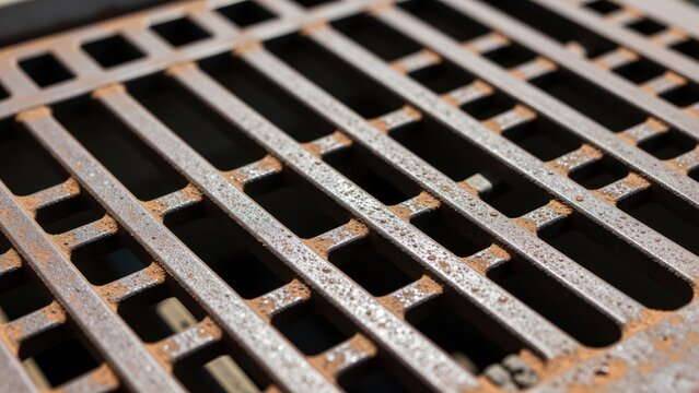 Close-up of rusty metal drainage grate with weathered surface and rectangular openings, urban infrastructure detail for construction, maintenance, or industrial use