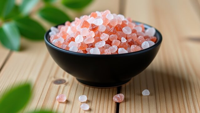 Black bowl filled with pink and white Himalayan salt crystals on a wooden surface, health and wellness food concept, natural mineral salt