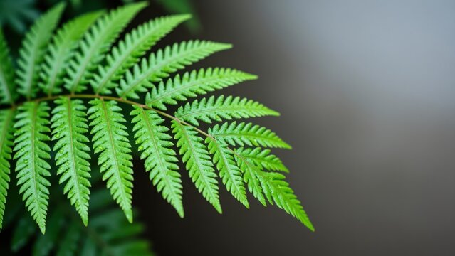 Close-up of vibrant green fern leaf with detailed fronds against a neutral gray background, emphasizing natural textures and botanical freshness