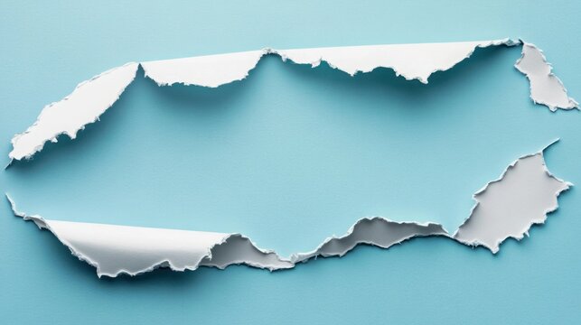 Torn paper frame creates a horizontal opening with ripped edges over a blue background for messaging.