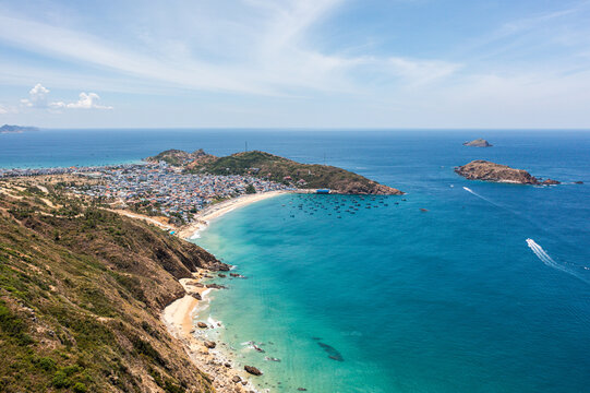 Aerial view of Nhon Hai Beach and coastal town near Quy Nhon, Vietnam