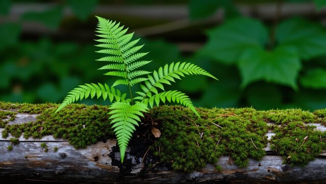Close-up of a small lush green fern growing on a moss-covered log in a natural forest setting, detail emphasizing plant life and greenery
