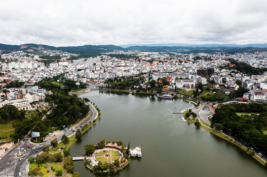 Da Lat highland landscape with lake, jungle and mountains - Aerial Drone Photo
