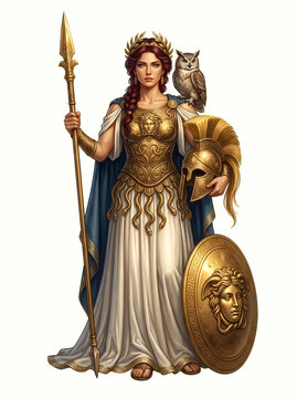 Goddess Athena, Greek Deity of Wisdom and Warfare, Holding Spear and Shield with Owl