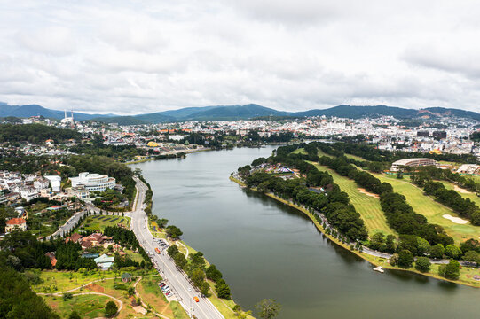 Da Lat highland landscape with lake, jungle and mountains - Aerial Drone Photo
