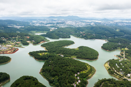 Da Lat highland landscape with lake, jungle and mountains - Aerial Drone Photo