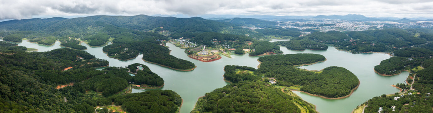 Da Lat highland landscape with lake, jungle and mountains - Aerial Drone Photo