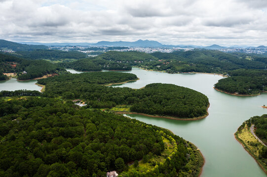 Da Lat highland landscape with lake, jungle and mountains - Aerial Drone Photo