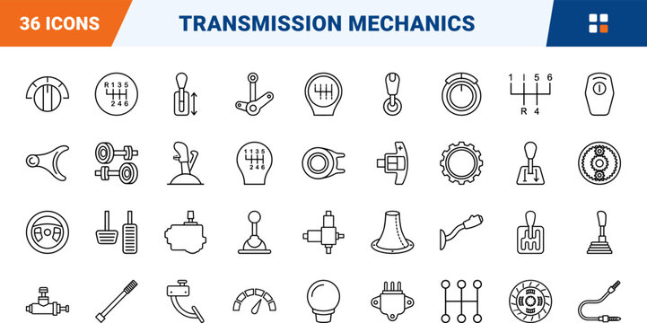 Automotive transmission line icon set. Vector pictograms of gear, shift, transmission, and mechanism elements, thin linear illustration.