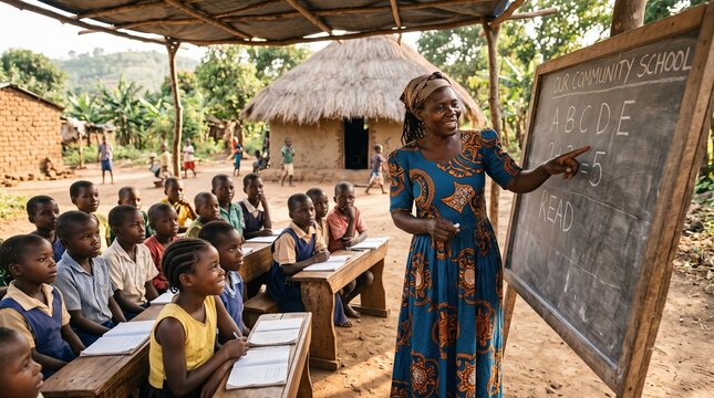 Old african woman teaching children at a rural community school