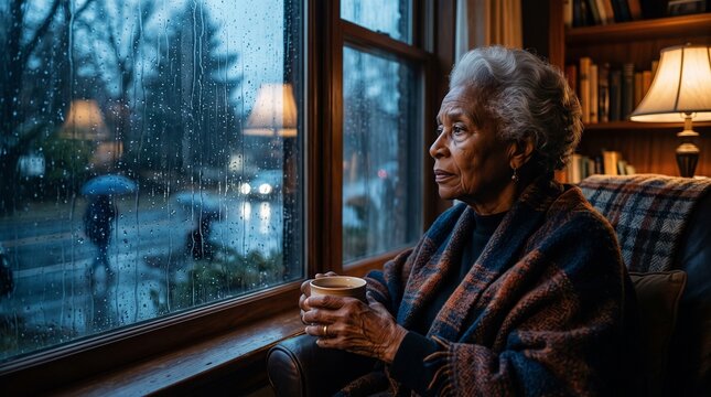 Old african woman looking out of a rainy window with a warm drink