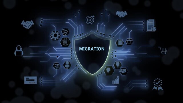 Digital data migration and cloud infrastructure security shield concept featuring advanced cyber network connectivity and futuristic information technology system integration on dark background