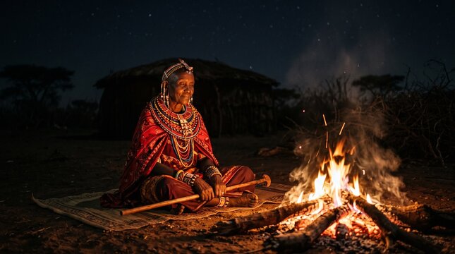 Old african woman sitting by campfire under starry night sky