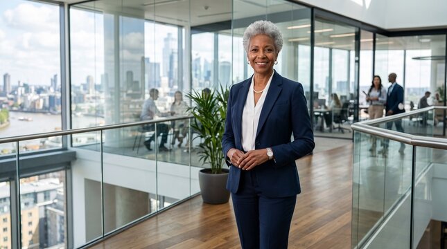Old african woman executive standing in a bright modern office hallway