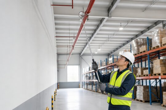 Fire Sprinkler Inspection Training Technician Using a Telescoping Mirror from Floor Level to Examine a Credible Head and Red Branch Pipe