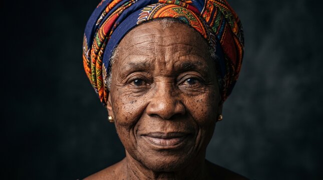 Old african woman wearing colorful patterned headwrap smiling