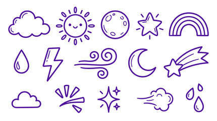 Fototapeta premium A collection of cute, hand-drawn weather and celestial icons in purple outline, featuring a smiling sun, moon, stars, clouds, rainbow, lightning, wind, and rain.